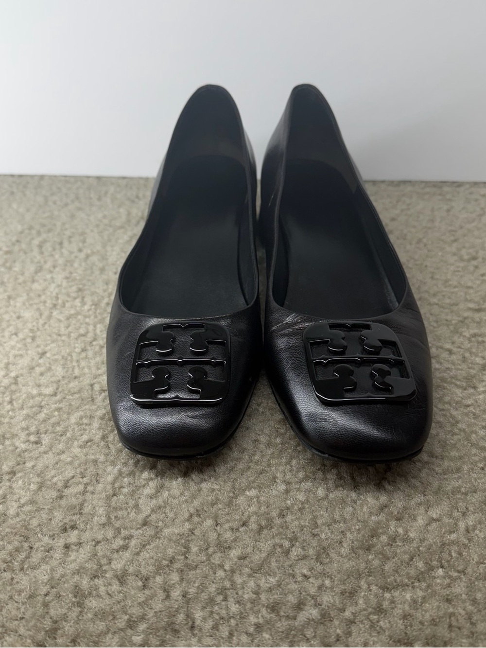 Tory Burch Black Leather Logo Square-Toe Flats